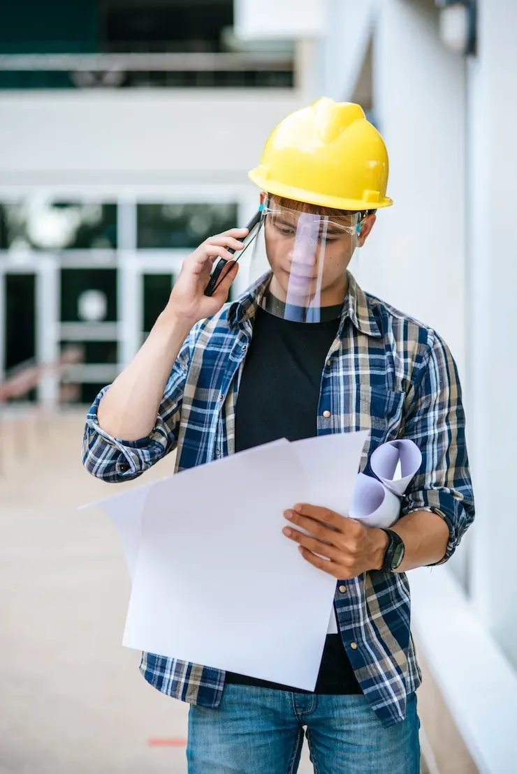 An engineering contractor reviewing building safety permits and structural blueprints on a mobile call at a property site.