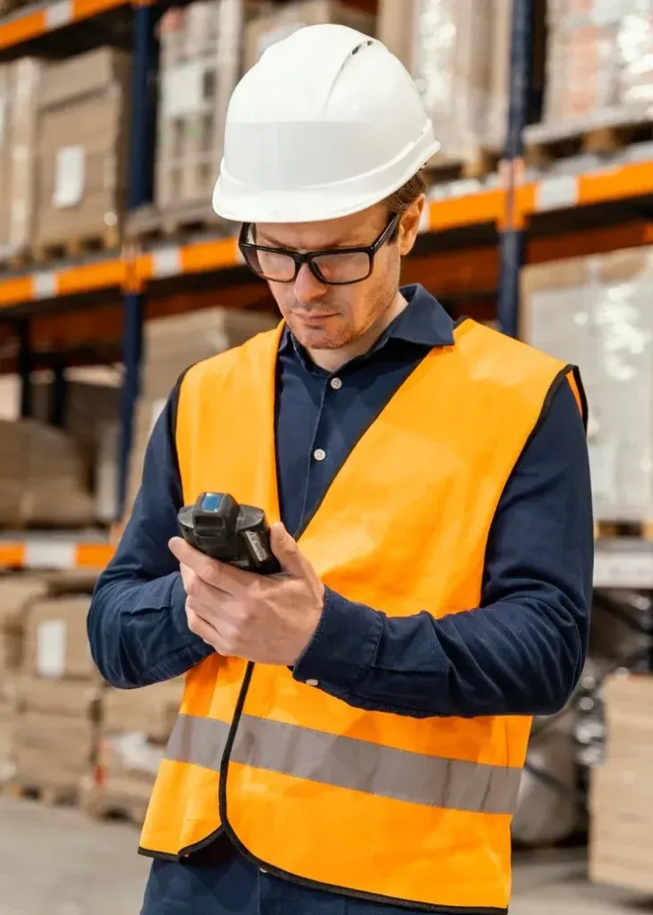 A structural inspector wearing a white hard hat and an orange safety vest looking down to input data into a handheld electronic scanner device.