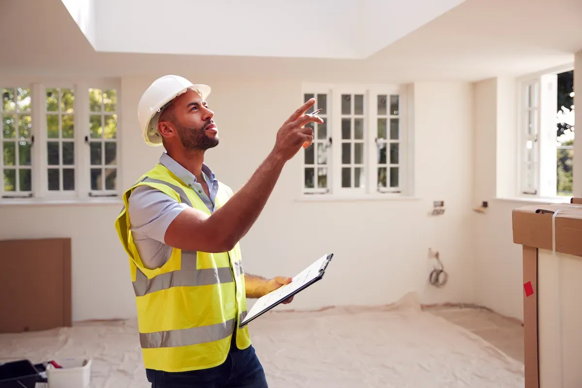 Professional home inspector wearing a hard hat and safety vest examining the ceiling of a house interior during a general home inspection.