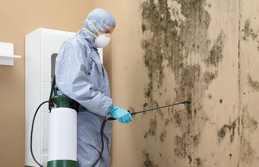 A specialist in a protective hazmat suit and mask spraying a chemical treatment onto a heavily molded indoor wall.