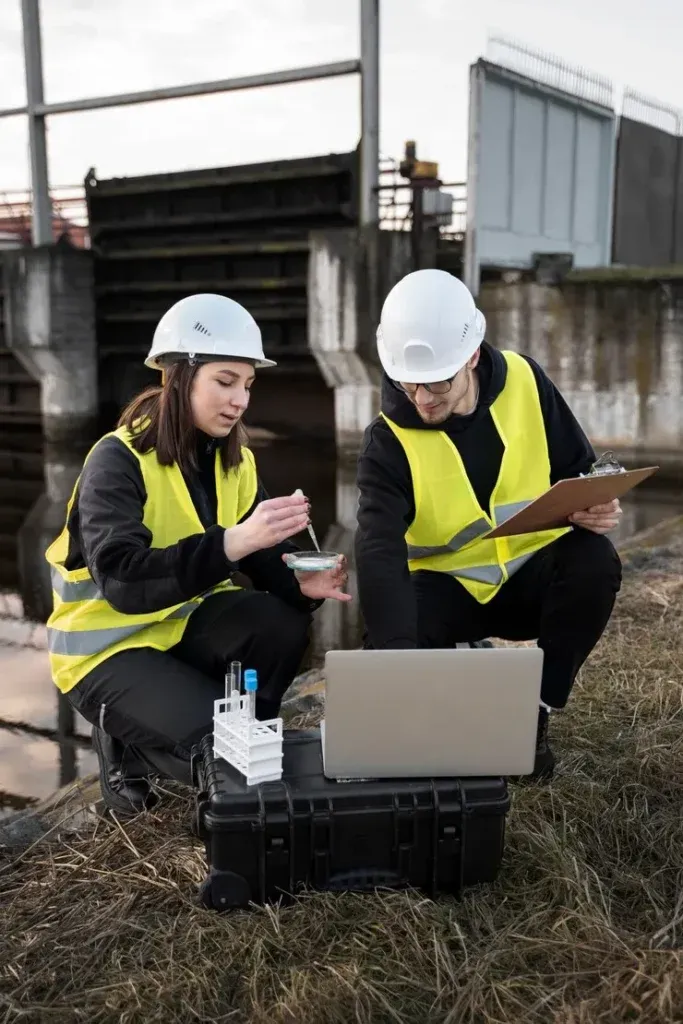 Professional inspectors conducting a sewer scope and water quality analysis near a water infrastructure facility in Maryland.