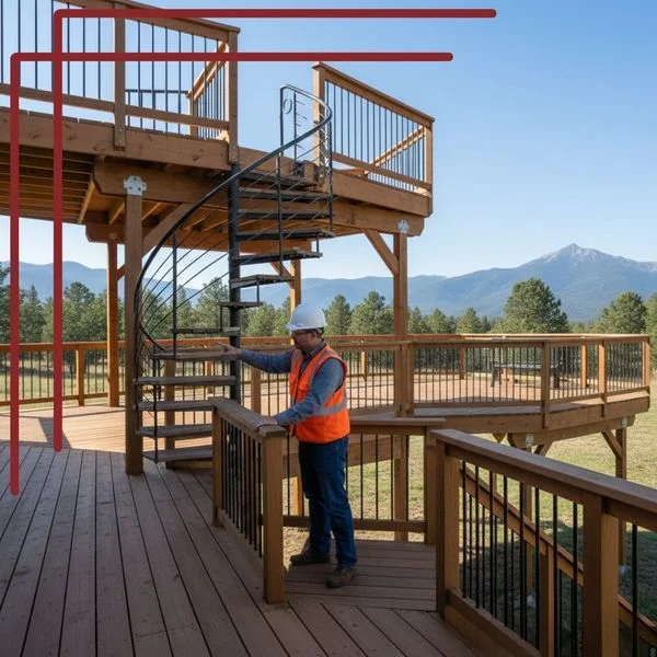 Home inspector reviewing structural safety details during a deck and porch inspection in Maryland