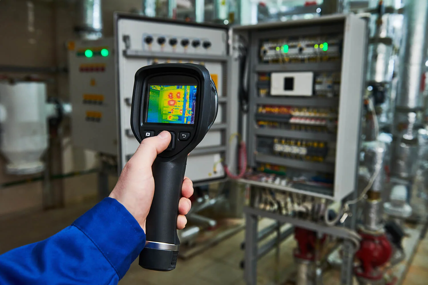 Infrared thermal imaging camera scanning an electrical panel to detect overheating and hidden electrical hazards during a Maryland home inspection